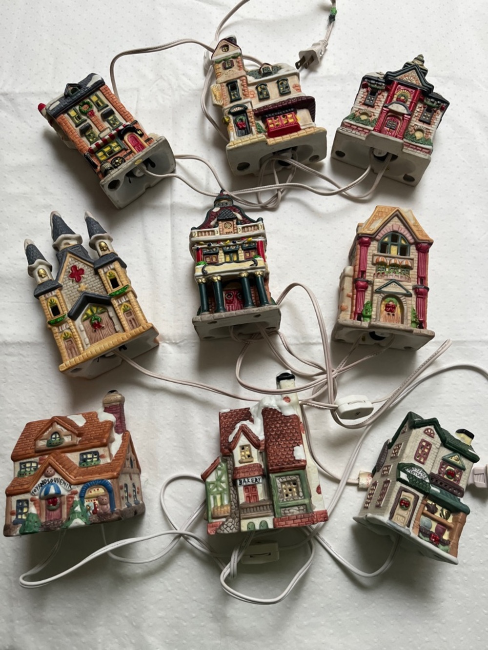 3 Vintage Holiday Village Ceramic House String Lights